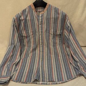 Striped Casual Button Down Shirt in Blue, Red, and Tan